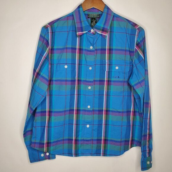 Lauren Ralph Tops - Ralph Lauren Womens Bright Plaid Button Front Blouse Size L Long Roll Tab Sleeve